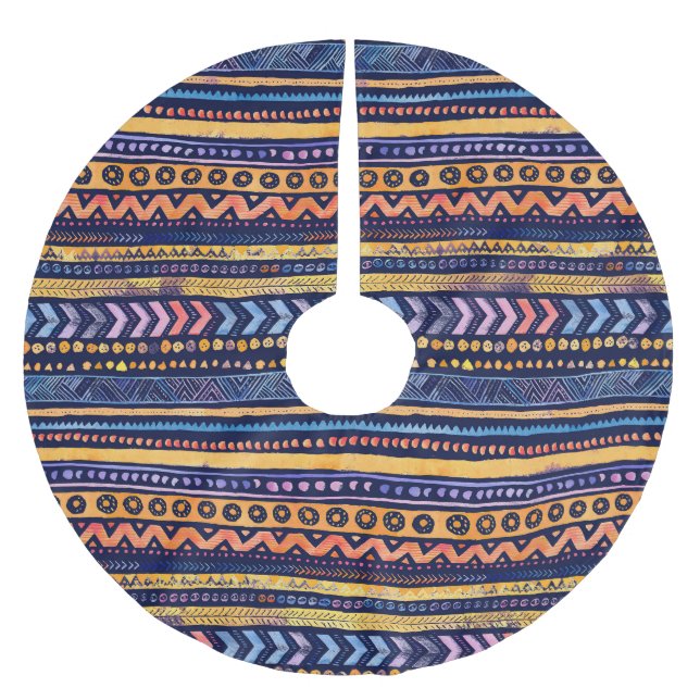 Ethnic Tribal Watercolor Dark Pattern Brushed Polyester Tree Skirt (Front)