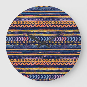 Ethnic Tribal Watercolor Dark Pattern Large Clock