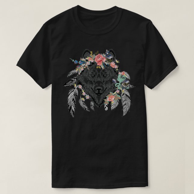 Ethnic Tribal Wolf Head Boho Feather Native Americ T-Shirt (Design Front)