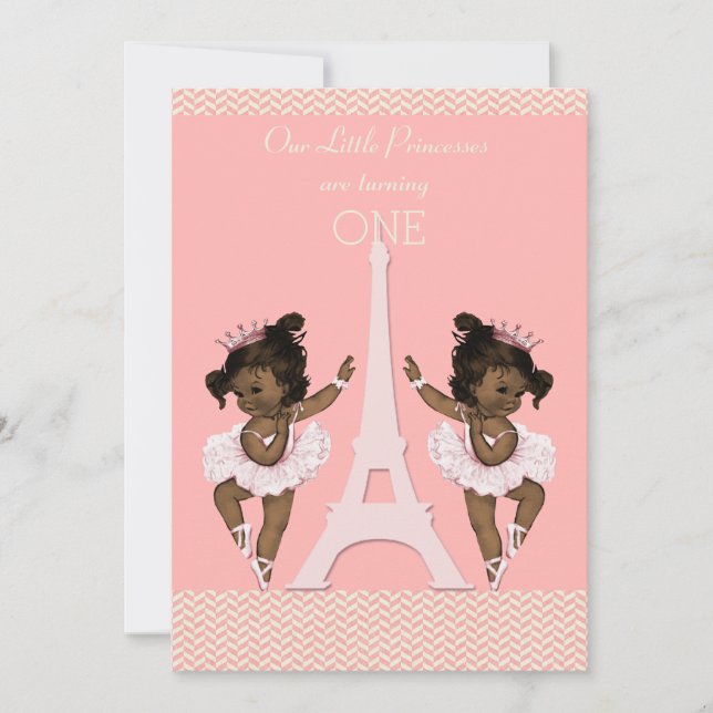 Ethnic Twins Ballerinas Eiffel Tower 1st Birthday Invitation (Front)