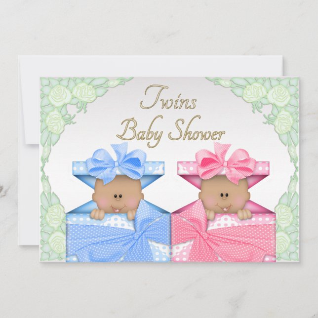 Ethnic Twins in Gift Box Roses Baby Shower Invitation (Front)