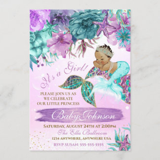 Ethnic vintage mermaid baby under the sea shower invitation