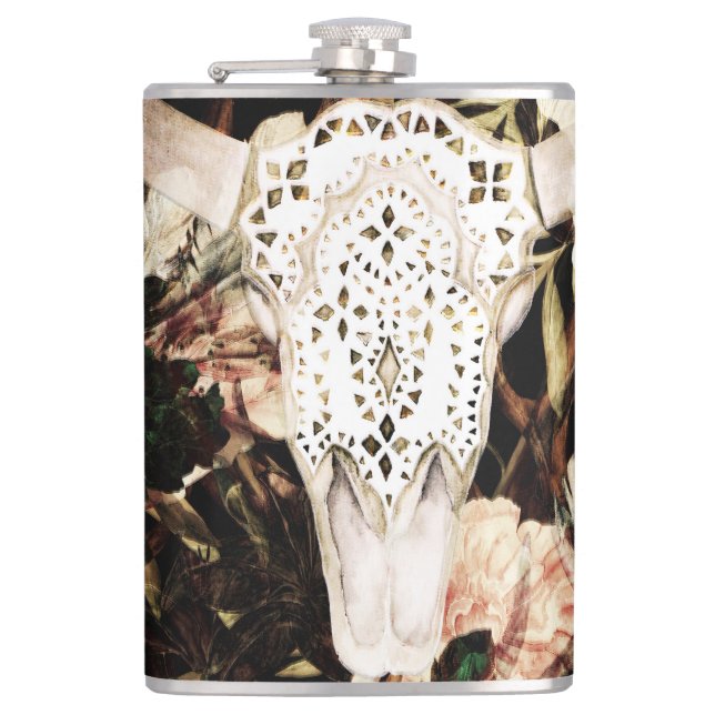 Ethnic watercolor: retro floral background. hip flask (Front)