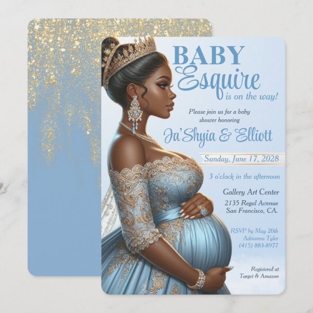 Ethnic Woman Elegant Blue & Gold Royal Baby Shower Invitation (Front/Back)