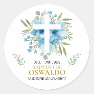 Etiquetas de agradecimiento para bautizo azul classic round sticker