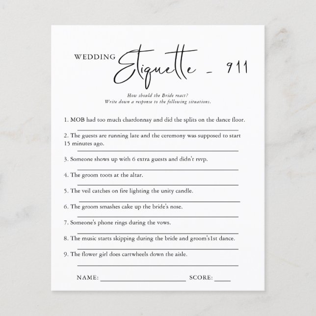 Etiquette 911 | Bridal Shower Game (Front)