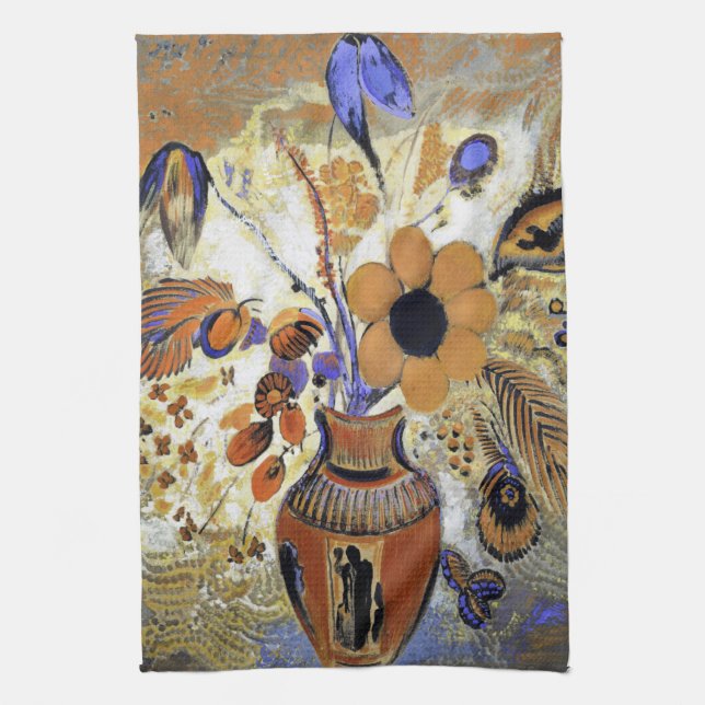 Etruscan Vase with Flowers, Redon Tea Towel (Vertical)