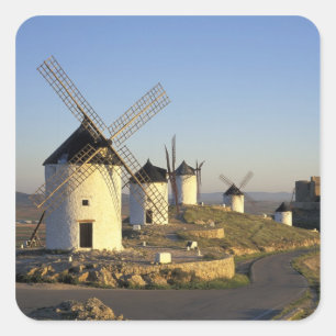 EU, Spain, La Mancha, Consuegra. Windmills and Square Sticker