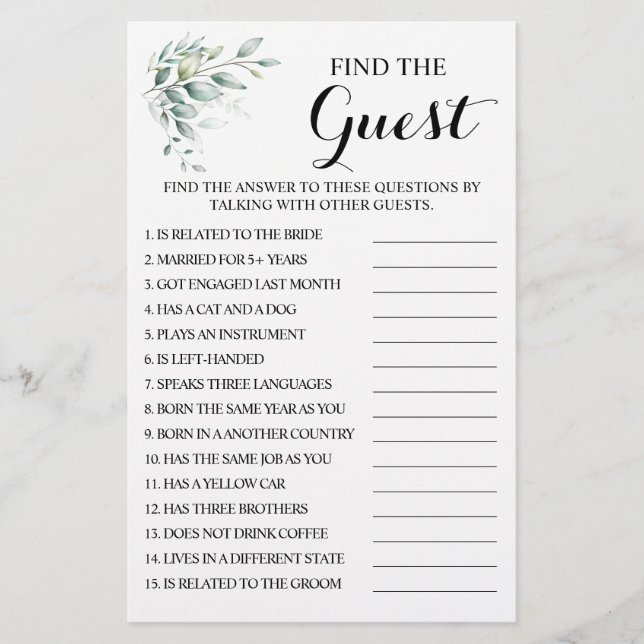 Eucaliptus Find the Guest Bridal Shower Game Card (Front)