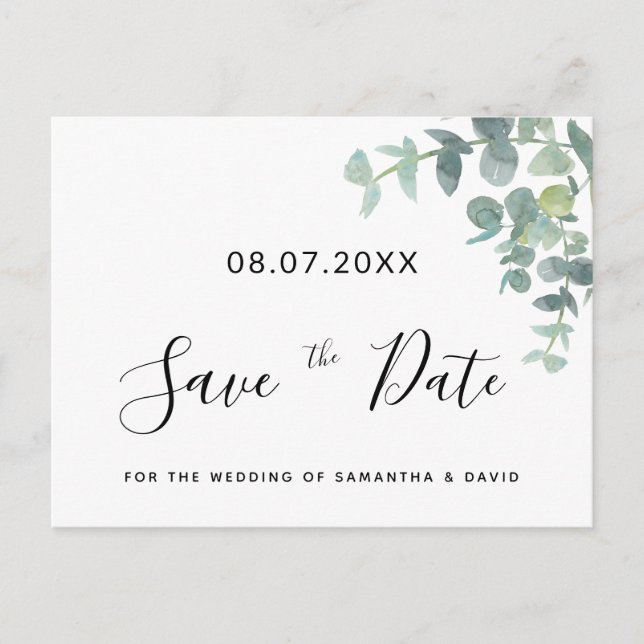 Eucaluptus greenery wedding save the date postcard (Front)