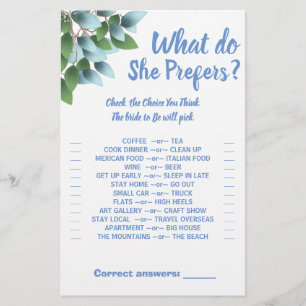 Eucalypt Would She prefer Bridal Shower Game Card