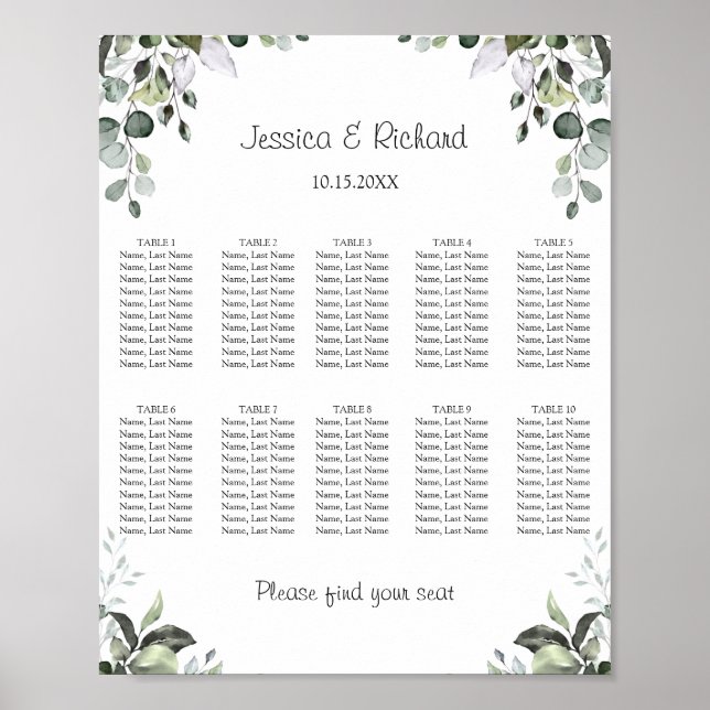 Eucalyptus 10 Tables Seating Chart Poster Sign (Front)