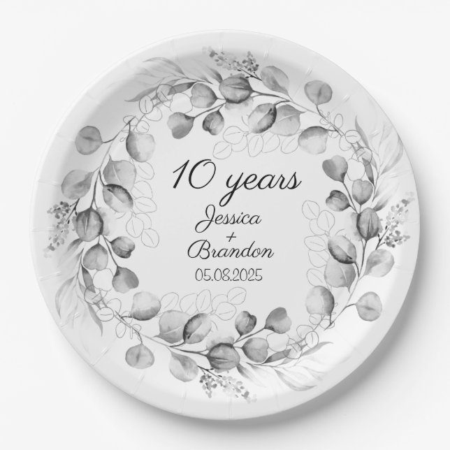Eucalyptus 10th Tin Wedding Anniversary  Paper Plate (Front)
