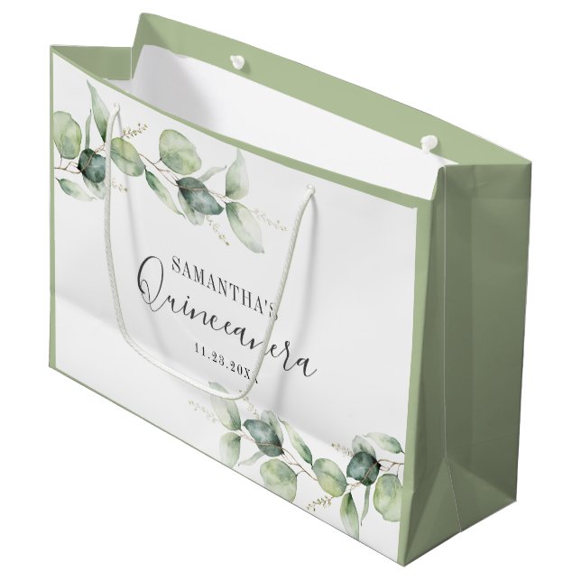 Eucalyptus 15th Birthday Greenery Quinceanera Large Gift Bag (Front Angled)