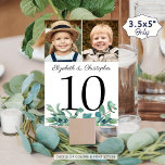 Eucalyptus 2 Photo Wedding Table Number Sign<br><div class="desc">Modern, botanical wedding table number signs personalised with two photos, names of the bride and groom and accented with botanical eucalyptus leaves to coordinate with your wedding theme. Include various photos of the couple through the years or their engagement pictures for an entertaining table sign for wedding guests. Fun to...</div>
