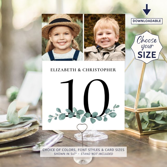 Eucalyptus 2 Photo Wedding Table Number Sign (Creator Uploaded)