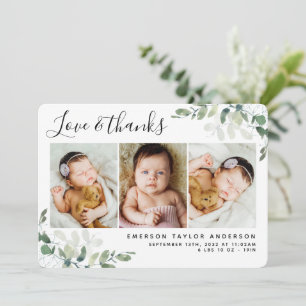 Eucalyptus 3 Photo Baby Birth Stats Thank You Card