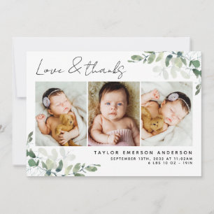 Eucalyptus 3 Photo Baby Birth Stats Thank You Card