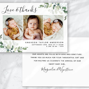 Eucalyptus 3 Photo Baby Birth Stats Thank You Card