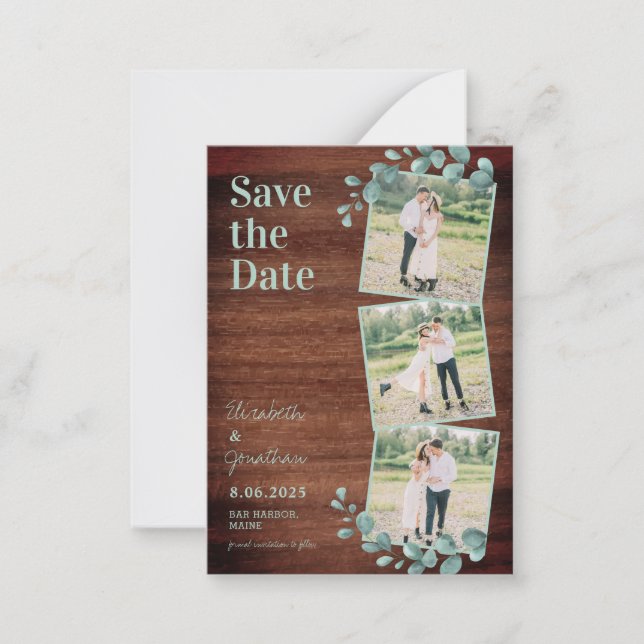 Eucalyptus 3 Photo Budget Wedding Save The Date Card (Front)