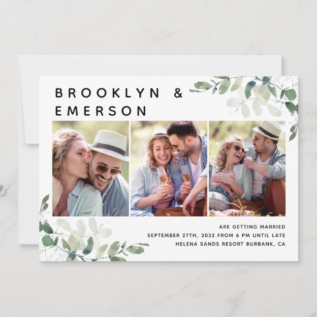 Eucalyptus 3 Photo QR Code Wedding Invitation (Front)