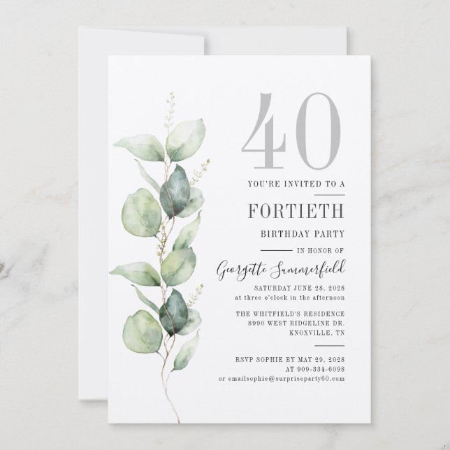 Eucalyptus 40th Birthday Party Invitation (Front)