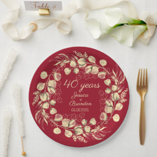 Eucalyptus 40th Red Ruby Wedding Anniversary Paper Plate
