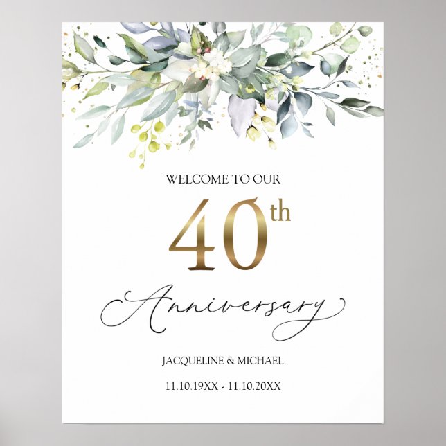 Eucalyptus 40th Wedding Anniversary Welcome Sign (Front)