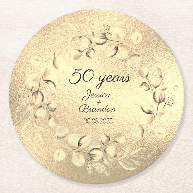 Eucalyptus 50th Golden Wedding Anniversary  Round Paper Coaster (Front)