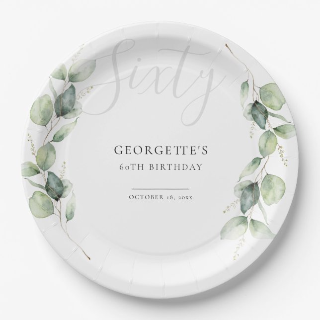 Eucalyptus 60th Adult Birthday Party Paper Plate (Front)