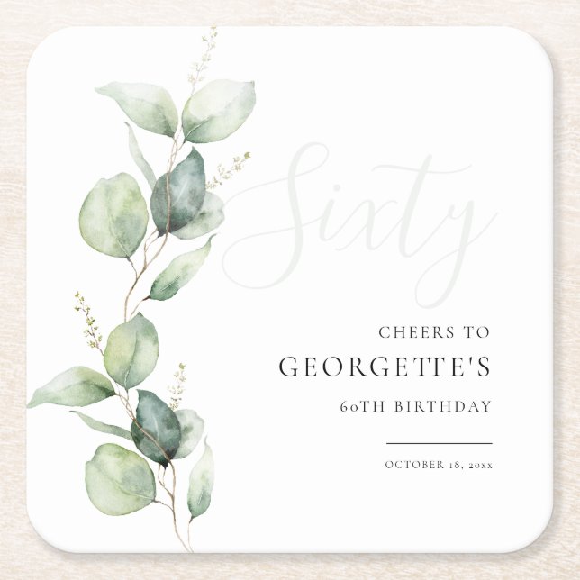 Eucalyptus 60th Adult Birthday Party Square Paper Coaster (Front)