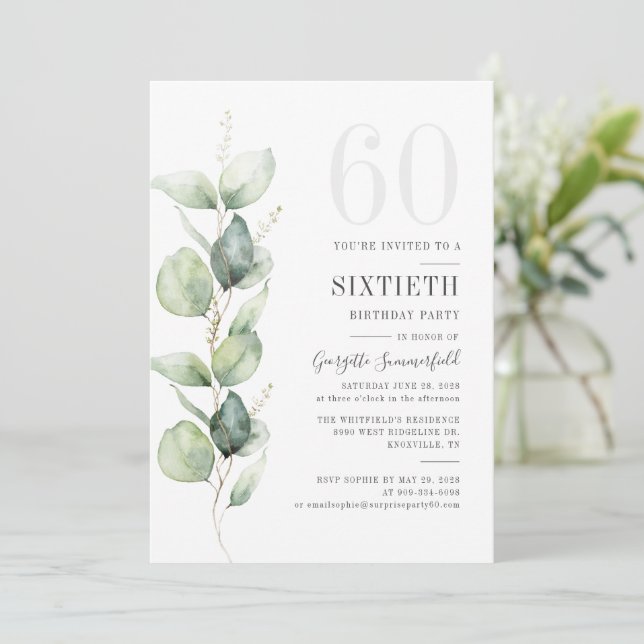 Eucalyptus 60th Birthday Botanical Greenery Party Invitation (Standing Front)
