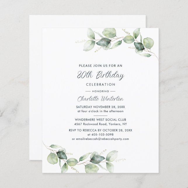 Eucalyptus 80th Birthday Party Invitation (Front/Back)