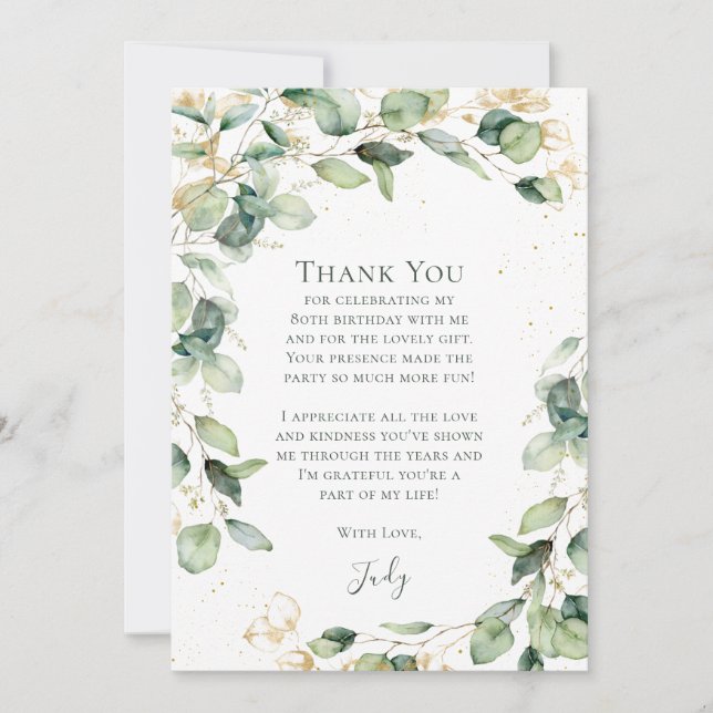 Eucalyptus 80th Birthday  Thank You Card (Front)