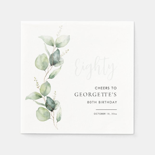 Eucalyptus 80th Birthday Watercolor Paper Napkin (Front)