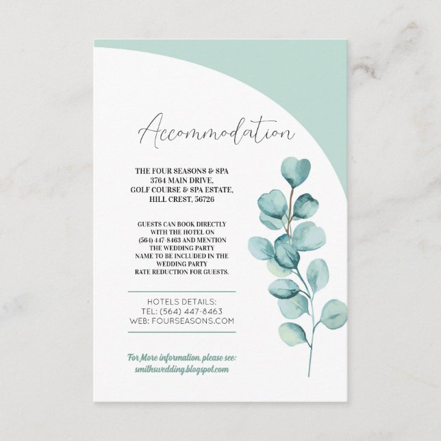 Eucalyptus Accommodation Wedding Mint Leaves Enclosure Card (Front)
