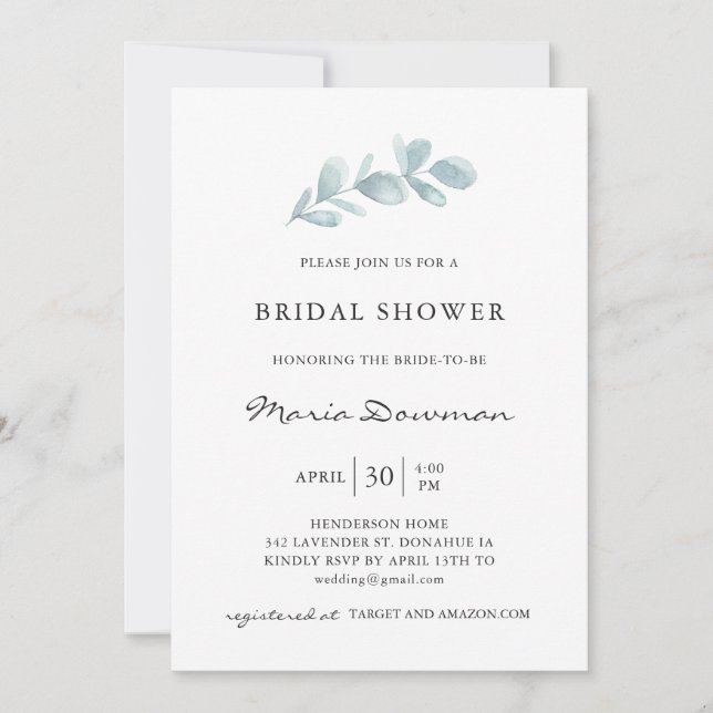  Eucalyptus airy foliage Elegant Bridal Shower Inv Invitation (Front)