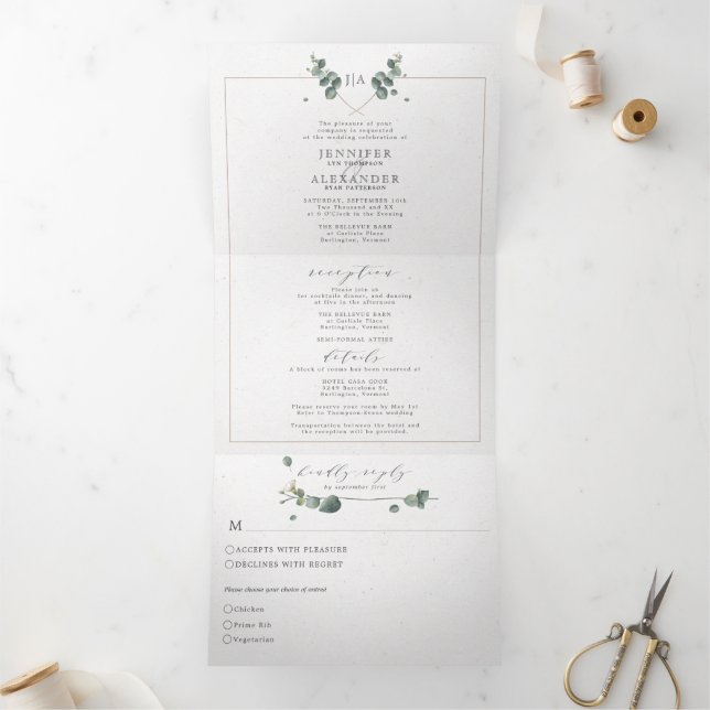 Eucalyptus All in one Monogram Wedding Tri-Fold Invitation (Inside)