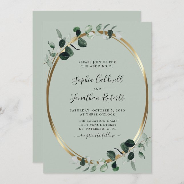 Eucalyptus All in One QR Code RSVP Sage Wedding In Invitation (Front/Back)