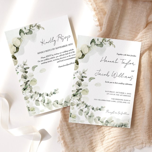 Eucalyptus All In One RSVP Wedding Invitation (eucalyptus wedding with rsvp invitaiton)