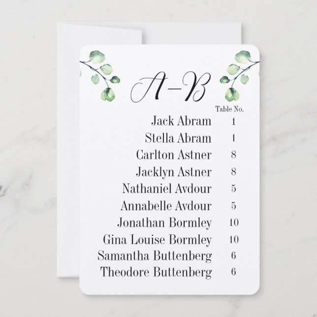 Eucalyptus Alphabetical Guest Table Chart Cards (Back)