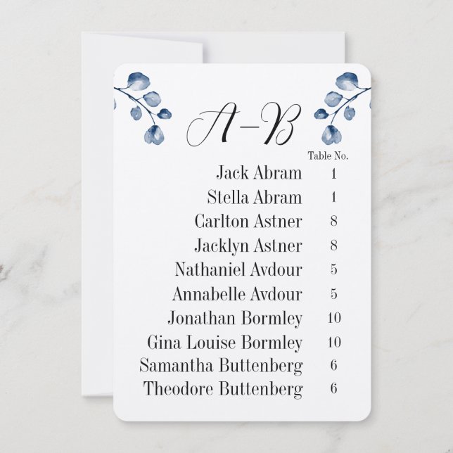 Eucalyptus Alphabetical Guest Table Chart Cards (Back)