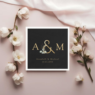 Eucalyptus, Ampersand, Black, Gold, Wedding  Napkin