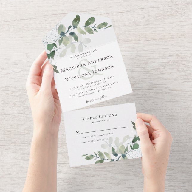 Eucalyptus Ampersand Chic Wedding All In One Invitation (Tearaway)