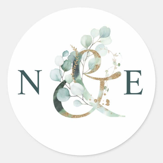 Eucalyptus Ampersand Gold Green Wedding Classic Round Sticker (Front)