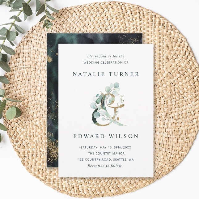Eucalyptus Ampersand Gold Green Wedding Invitation (Front & Back)