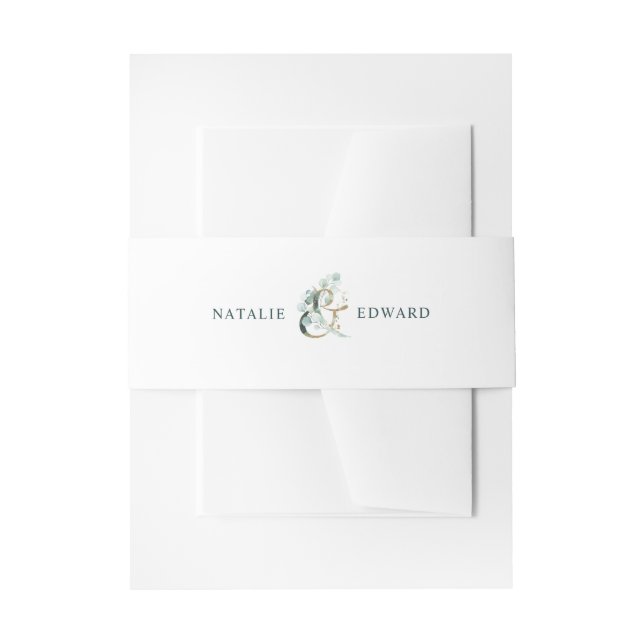 Eucalyptus Ampersand Gold Green Wedding Invitation Belly Band (Front Example)