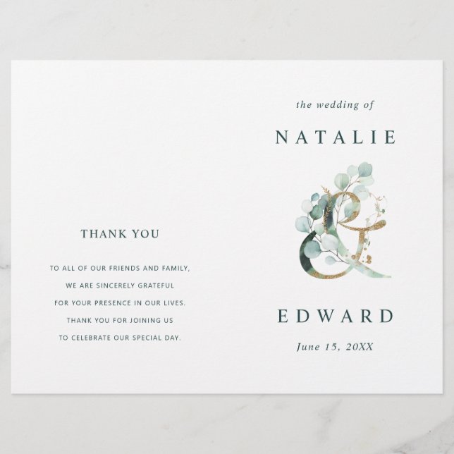 Eucalyptus Ampersand Gold Green Wedding Program (Front)