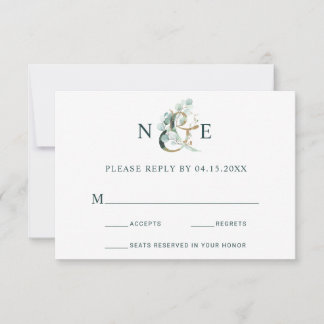 Eucalyptus Ampersand Gold Green Wedding RSVP Card
