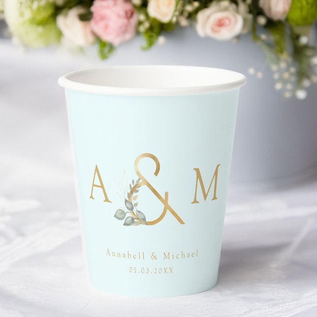 Eucalyptus Ampersand Wedding Paper Cups (Eucalyptus Ampersand Wedding Paper Cups with your names and date.)